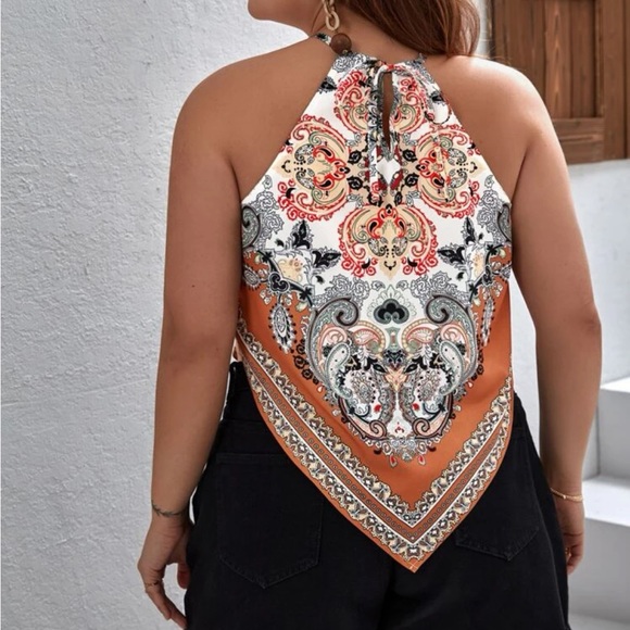 Boho Plus Size Scarf Print Halter Top - Picture 2 of 5